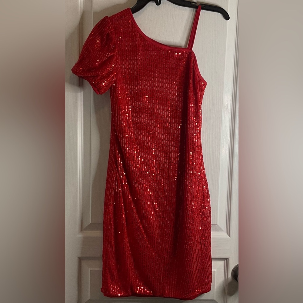 SHEIN Red Sequin Short Sleeve Girls' Party Dress